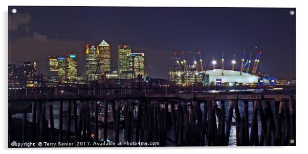 Canary Wharf & the O2 (Millennium Dome) Thames Pat Acrylic by Terry Senior