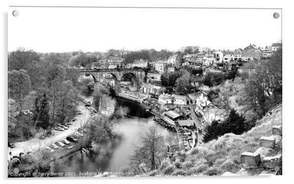 Panoramic View of Knaresborough Showing the River Nidd in black and white. Acrylic by Terry Senior