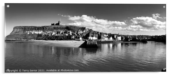 A B&W Panoramic view of Whitby Beach and Harbour Acrylic by Terry Senior