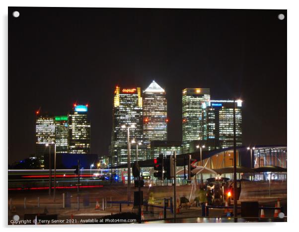 Isle of Dogs taken from North Greenwich the O2 Millenium Dome Acrylic by Terry Senior