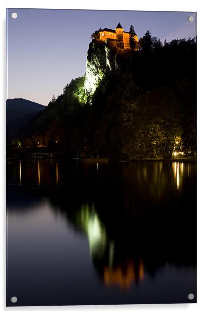 Lake Bled castle reflected at dusk Acrylic by Ian Middleton
