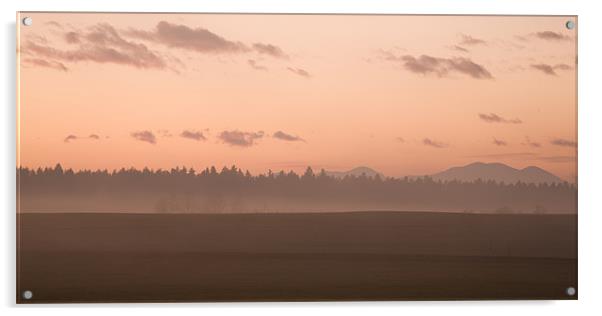 Misty fields at sunset Acrylic by Ian Middleton