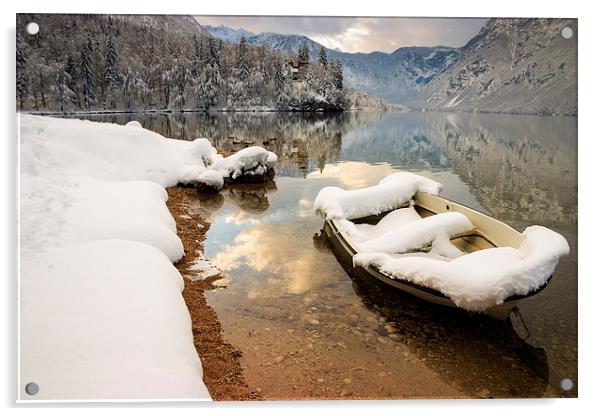 Snow covered boat on Lake Bohinj in Winter Acrylic by Ian Middleton