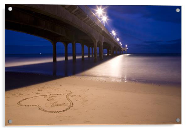 Love heart in the sand at Boscombe Pier Acrylic by Ian Middleton
