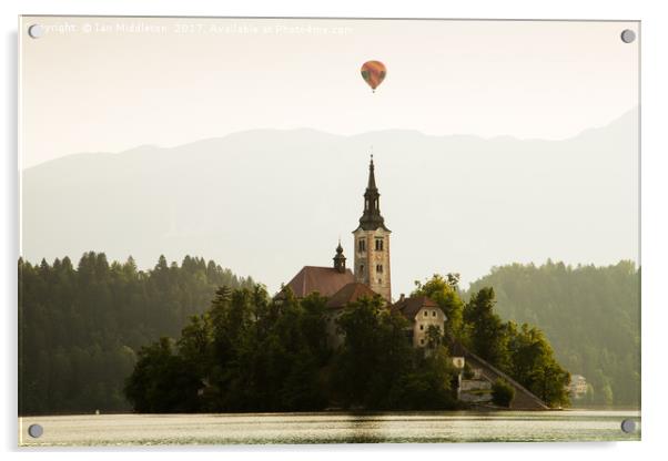 Hot air Balloon over Lake Bled and the Island chur Acrylic by Ian Middleton