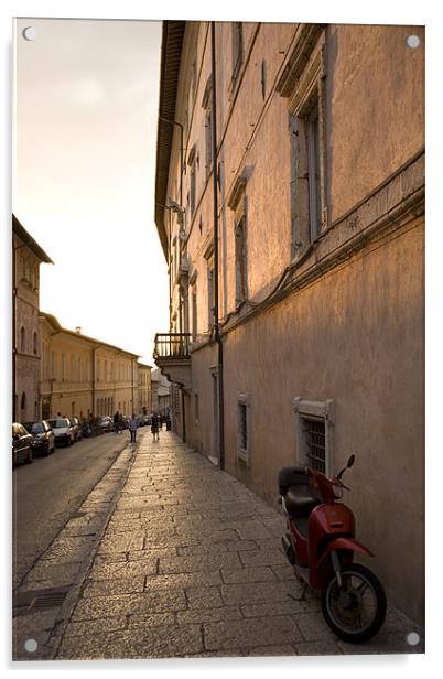 Moped in street at sundown in Assisi, Italy Acrylic by Ian Middleton