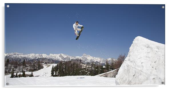 Snowboard jumper at Vogel Mountain, Slovenia Acrylic by Ian Middleton