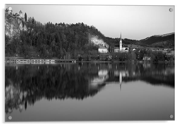 View across Lake Bled in Black and White, Slovenia Acrylic by Ian Middleton