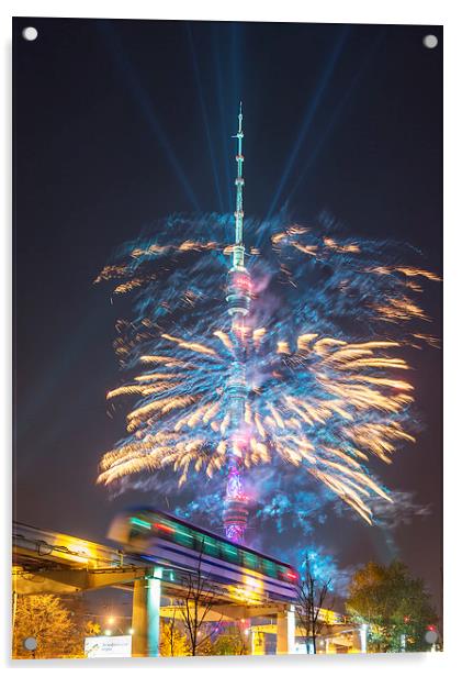  Ostankino tower fireworks Acrylic by Sergey Golotvin