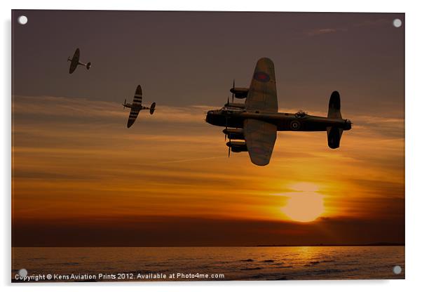 Lancaster Bomber sunset with spitfires Acrylic by Oxon Images