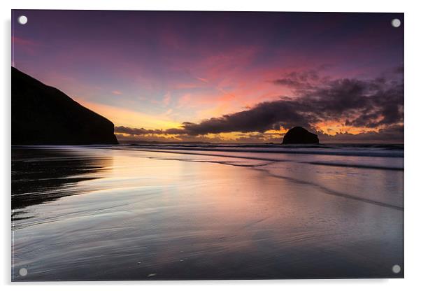 Trebarwith Strand Sunset Acrylic by David Wilkins