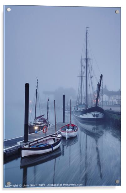 Boats moored in the harbour in fog at dawn. Wells-next-the-sea, Acrylic by Liam Grant