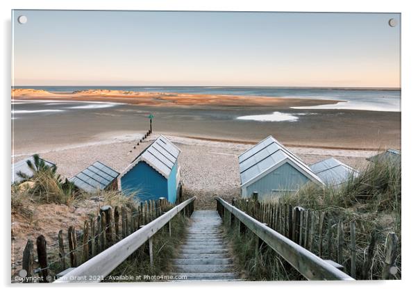 Frost covered beach huts on a winter's morning. Wells-next-the-sea, Norfolk, UK. Acrylic by Liam Grant