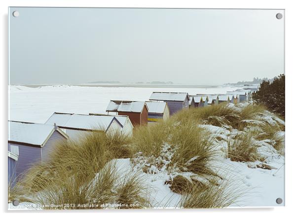 Sand dunes and beach huts covered in snow. Acrylic by Liam Grant