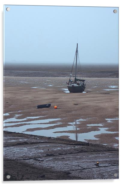 Boat at low tide on a foggy evening. Wells-next-th Acrylic by Liam Grant