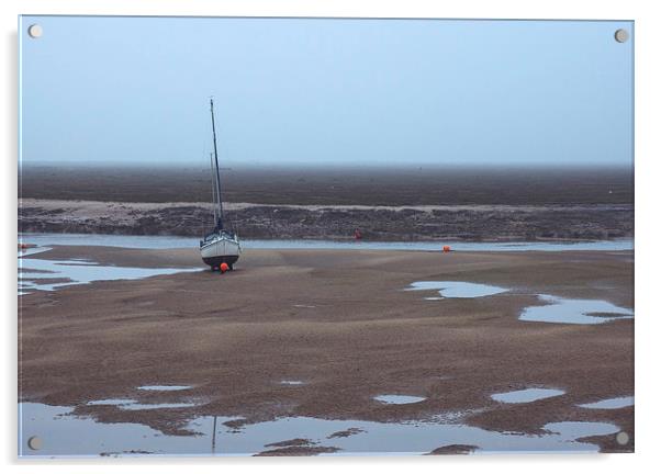 Boat at low tide on a foggy evening. Wells-next-th Acrylic by Liam Grant