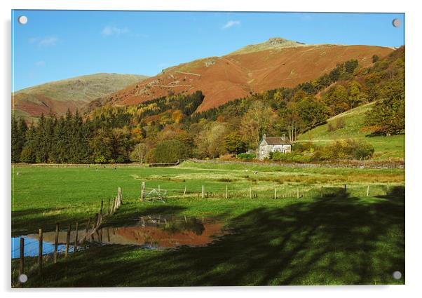 Cottage and flooded field at Grasmere. Acrylic by Liam Grant