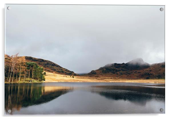 Low cloud and reflections on Blea Tarn. Acrylic by Liam Grant