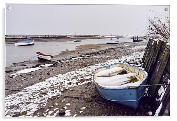 Boats and snow at low tide. Burnham Overy Staithe, Acrylic by Liam Grant