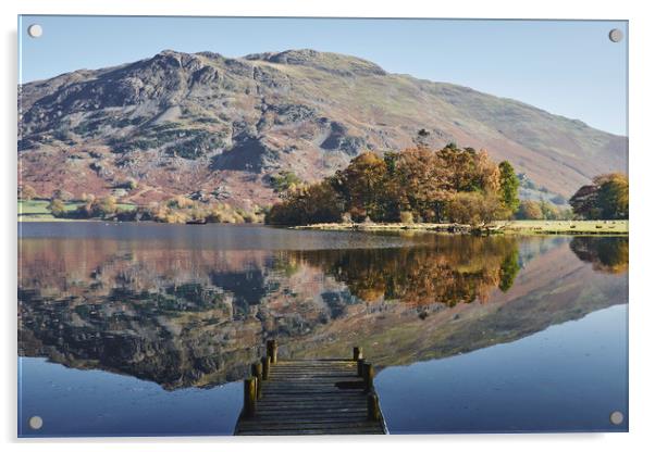 Jetty and autumnal colour. Ullswater, Cumbria, UK. Acrylic by Liam Grant