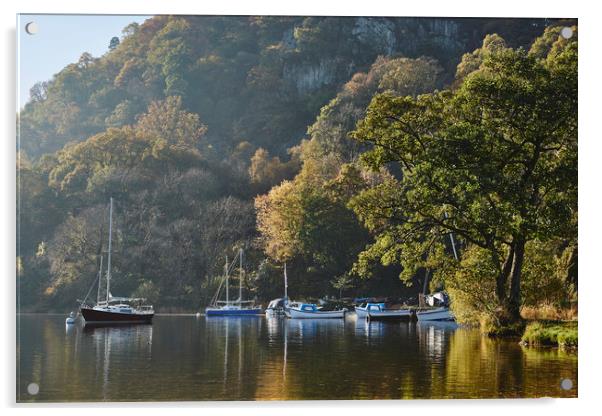 Boats and autumnal colour. Ullswater, Cumbria, UK. Acrylic by Liam Grant