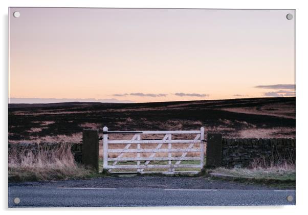 White gate leading to moorland at twilight. Derbys Acrylic by Liam Grant
