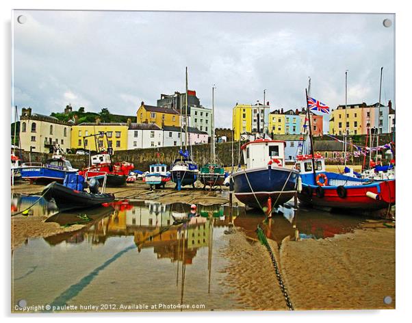 Tenby Harbour.Reflection Boats. Acrylic by paulette hurley