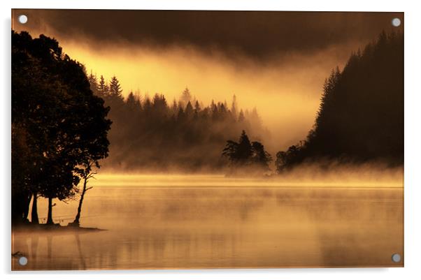 Mist burning off Loch Ard Acrylic by David Mould