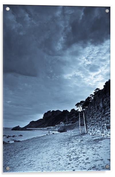 Meadfoot Beach, Torquay, Devon, b&w Acrylic by K. Appleseed.