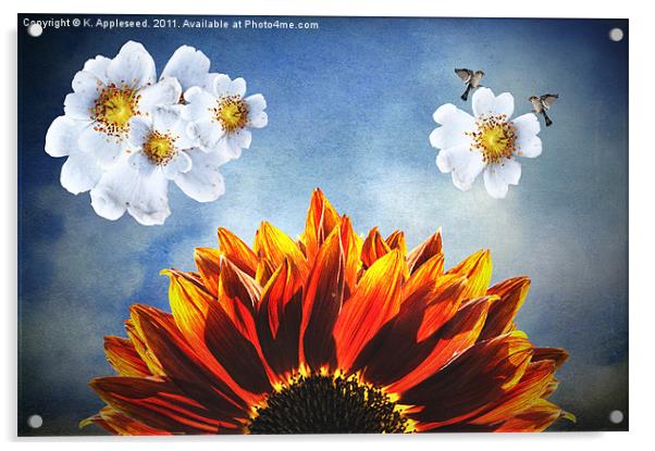 You are my sunshine, (Sunflower Dogrose and Birds) Acrylic by K. Appleseed.
