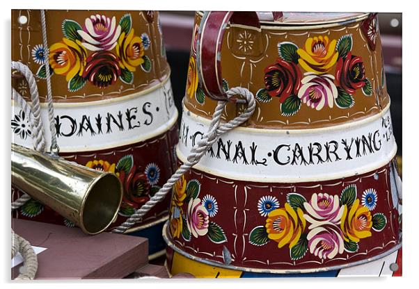 Painted canal narrow boat water containers. Acrylic by Tony Bates