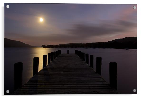 Coniston Pier in Moonlight Acrylic by Pete Hemington