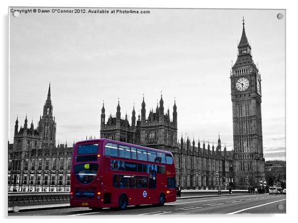 London Bus on  black and white Westminster Acrylic by Dawn O'Connor