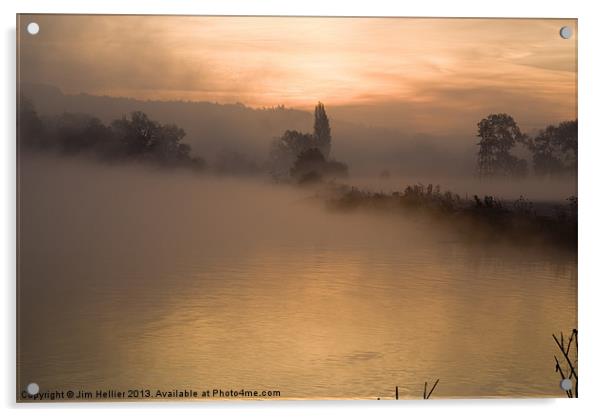 Morning mist Thames at Mapledurham Acrylic by Jim Hellier