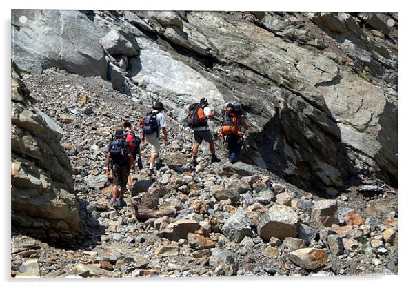 Trekkers Climbing over Landslide Acrylic by Serena Bowles