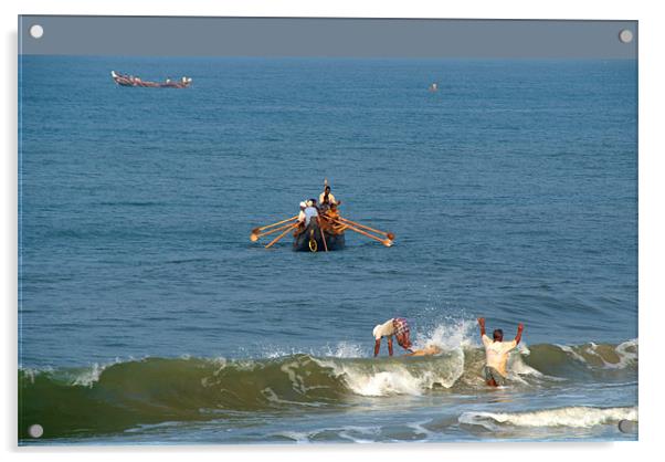 Fishermen off Black Beach Varkala, Kerala, India Acrylic by Serena Bowles