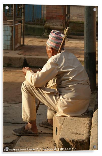 Old Man Sitting Bhaktapur Acrylic by Serena Bowles