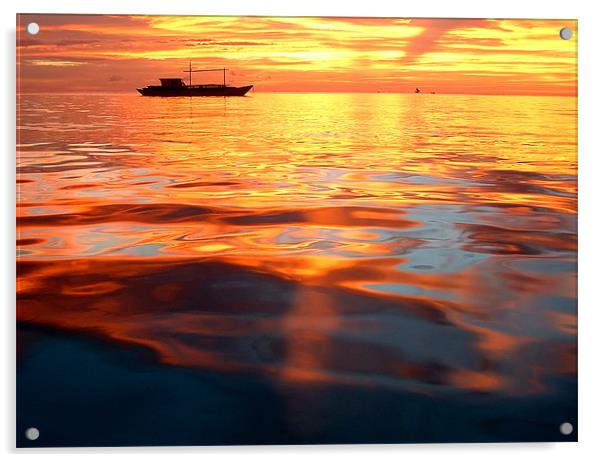 Boracay Sunset with Boats Reflected in Sea, Philip Acrylic by Serena Bowles
