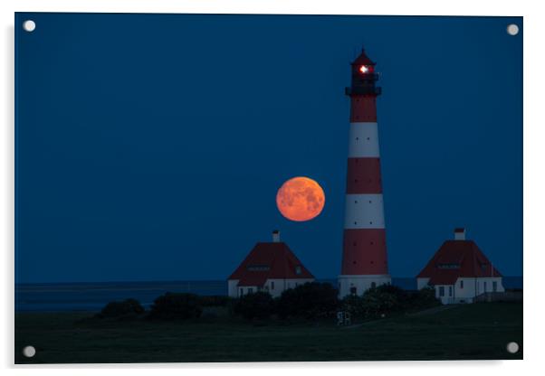 Moonset at Lighthouse in Westerhever Acrylic by Thomas Schaeffer