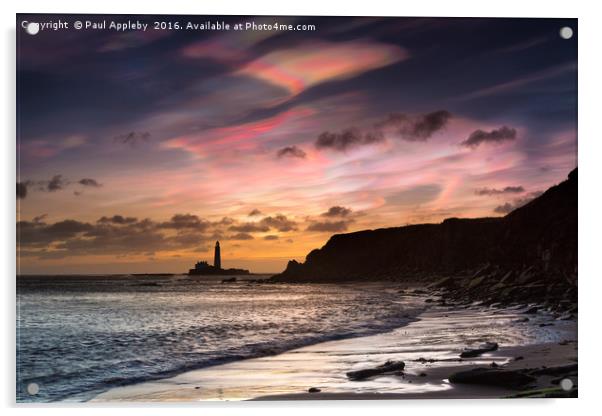 IRIDESCENT CLOUDS OVER ST. MARY'S LIGHTHOUSE.  Acrylic by Paul Appleby