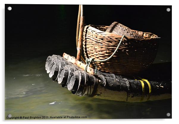 Bamboo raft for Cormorant fishing. Acrylic by Paul Brighton