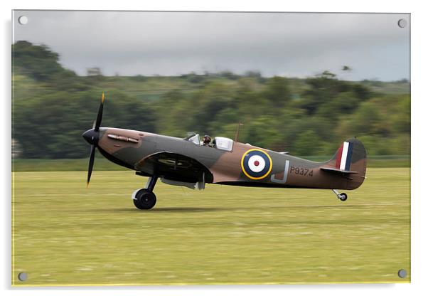 Spitfire P9374 Touching Down  Acrylic by J Biggadike