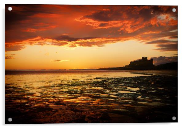 Bamburgh Castle Sunset Acrylic by J Biggadike