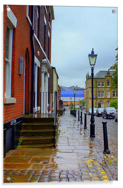 A Rainy Street in Blackburn Acrylic by Jacqui Kilcoyne