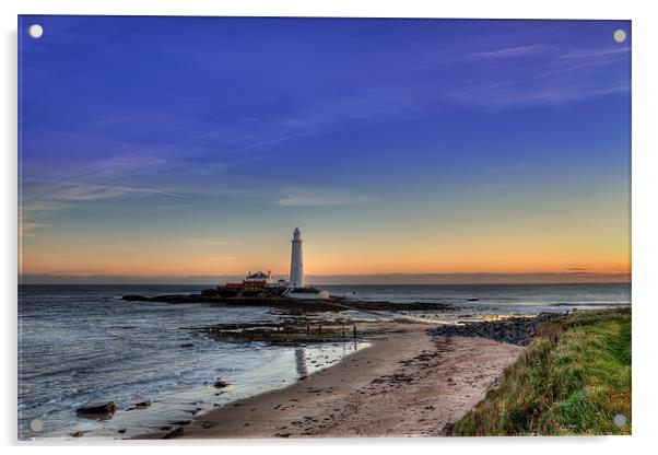 St Marys Lighthouse at sunrise. Acrylic by Kevin Tate