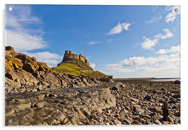 Lindisfarne Castle viewed from the shoreline. Acrylic by Kevin Tate