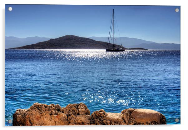 Yacht in front of Nissaki Acrylic by Tom Gomez