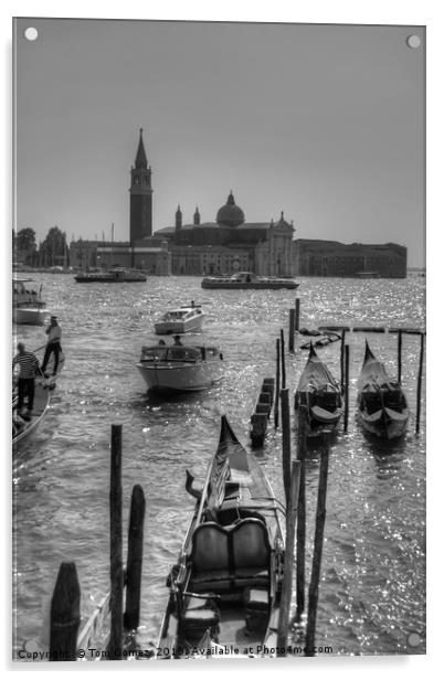 Gondolas in front of San Giorgio Maggiore - B&W Acrylic by Tom Gomez