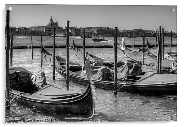 Gondolas across from Le Zitelle - B&W Acrylic by Tom Gomez