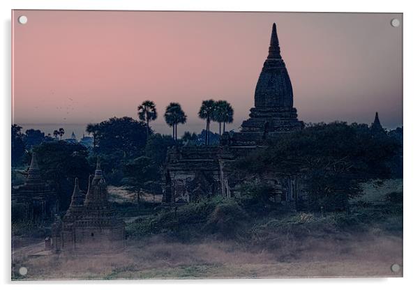 Mysterious Stupas In Bagan At Dawn Acrylic by Chris Lord